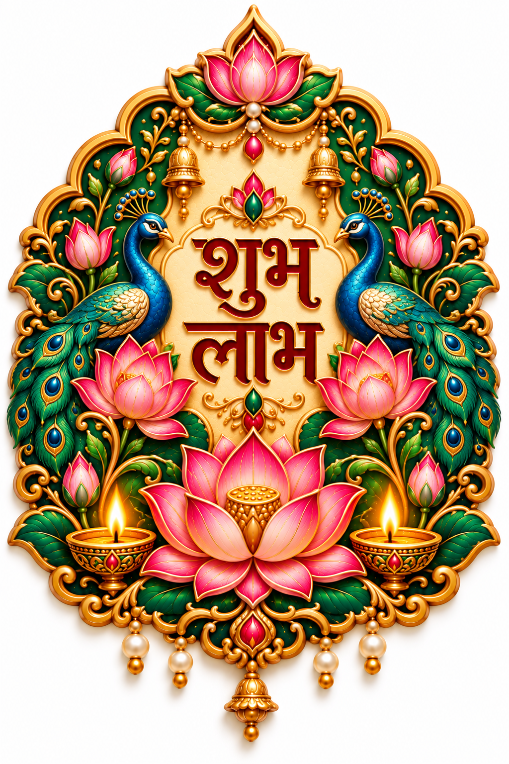 Shubh Labh lettering in a cream and gold ornamental emblem with two peacocks, pink lotuses and diyas