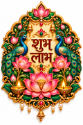 Shubh Labh lettering in a cream and gold ornamental emblem with two peacocks, pink lotuses and diyas