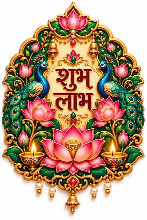 Shubh Labh lettering in a cream and gold ornamental emblem with two peacocks, pink lotuses and diyas