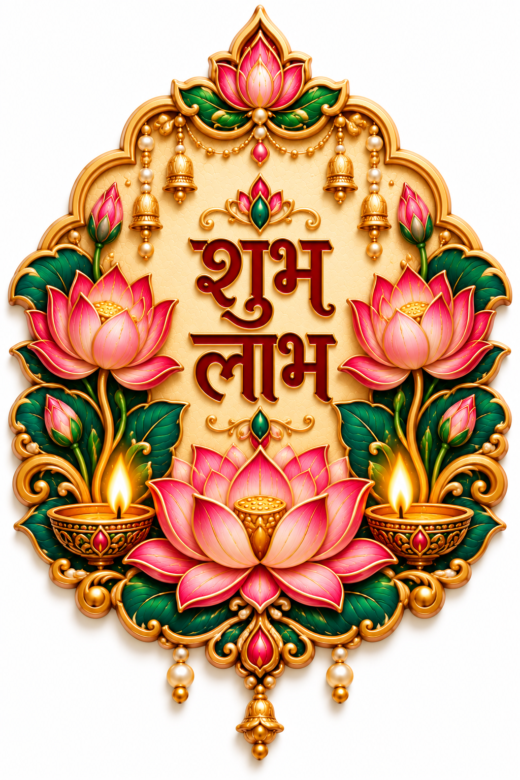 Shubh Labh Hindi lettering surrounded by pink lotus flowers, green leaves and two lit diyas in a gold frame