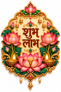 Shubh Labh Hindi lettering surrounded by pink lotus flowers, green leaves and two lit diyas in a gold frame