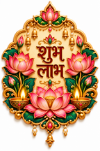 Shubh Labh Hindi lettering surrounded by pink lotus flowers, green leaves and two lit diyas in a gold frame