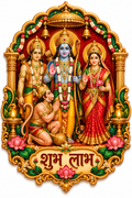 Lord Ram, Goddess Sita, Lakshman and Hanuman in an ornate golden temple frame with Shubh Labh lettering