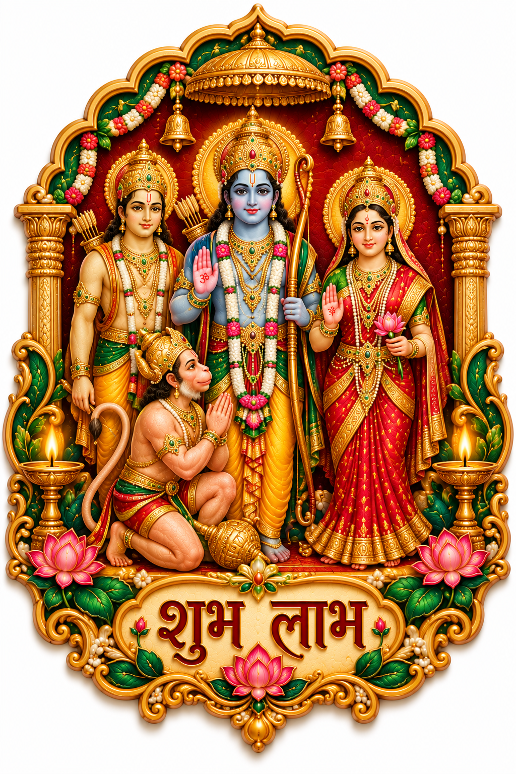 Lord Ram, Goddess Sita, Lakshman and Hanuman in an ornate golden temple frame with Shubh Labh lettering