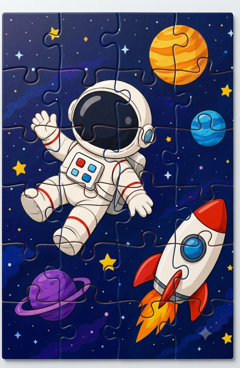 Astronaut floating in space wooden puzzle.