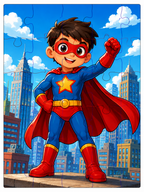 Cute superhero wooden puzzle in a city.